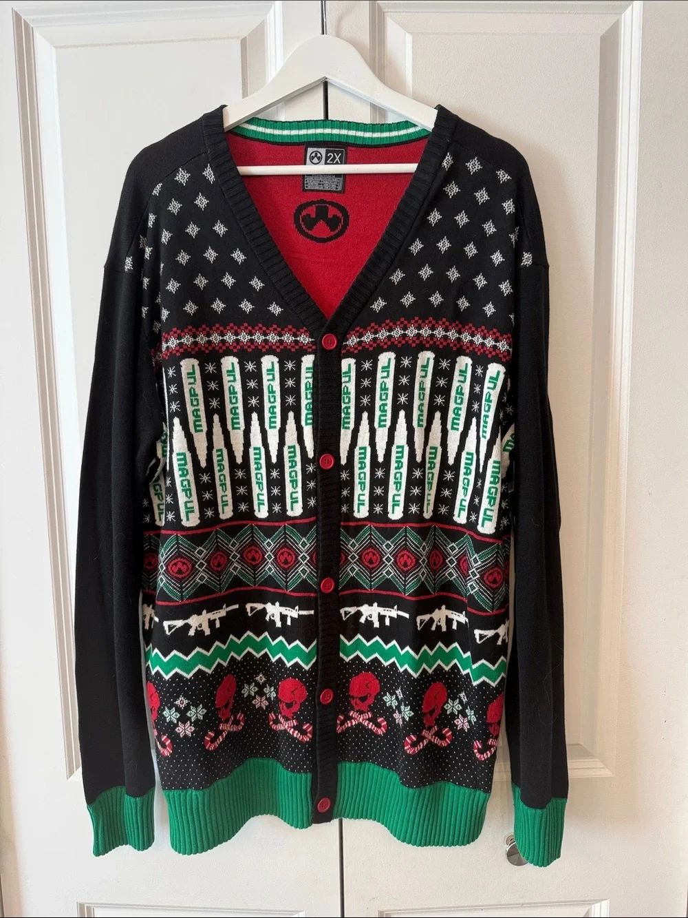 Men's Holiday Cardigan Sweater in Black, Red & Green